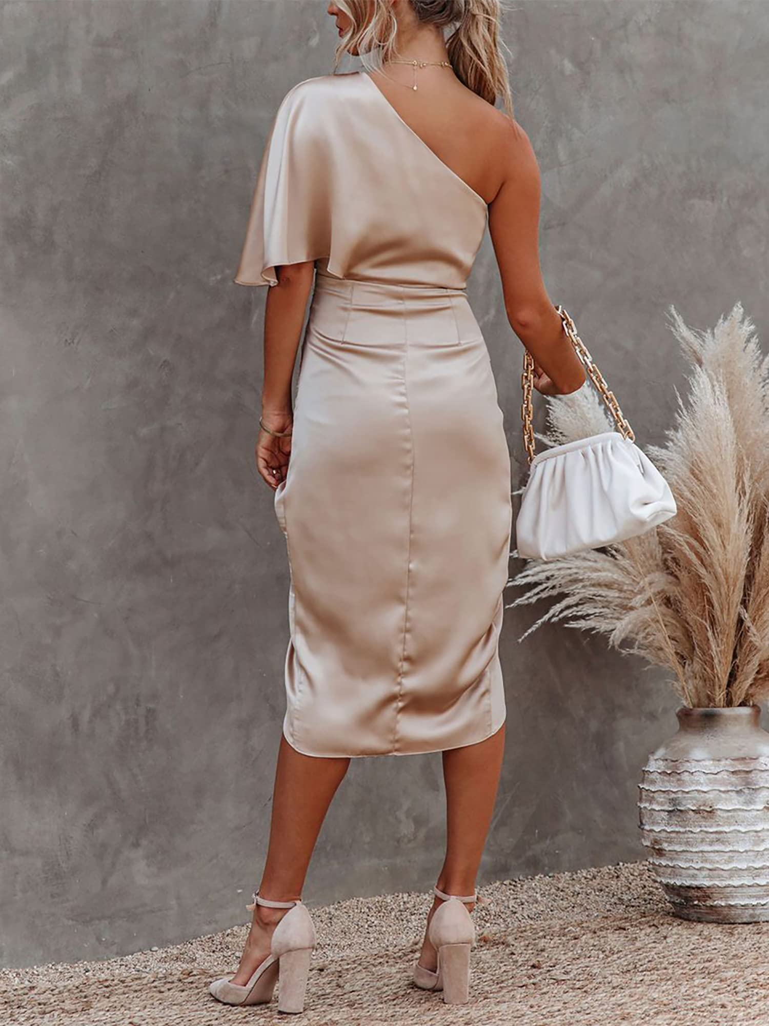 Gold Women's Sexy One Shoulder Ruched Asymmetrical Prom Satin Bodycon Mini Dres